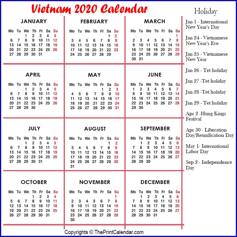 Calendar 2020 Vietnam Vietnam 2020 Yearly Printable Calendar